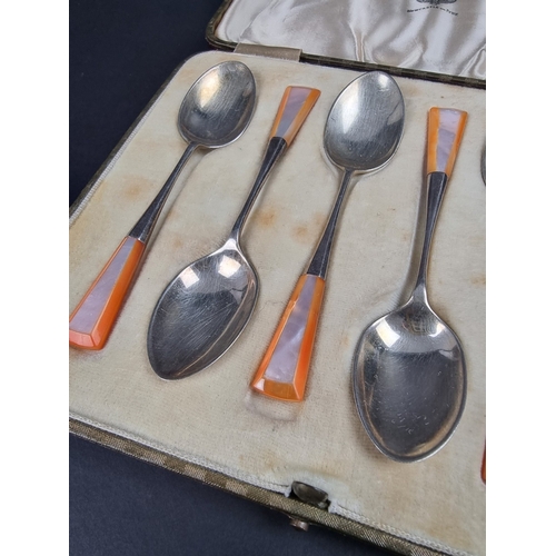 67 - A cased set of six Art Deco silver and mother-of-pearl coffee spoons, by W Hutton & Sons Ltd, Sh... 