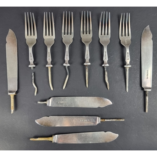 76 - A set of six silver fish knife and fork blades and tines, by Harrison Brothers & Howson, Sheffie... 