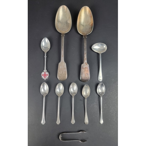 78 - Nine silver spoons; together with a pair of silver sugar tongs, 264g. (10)