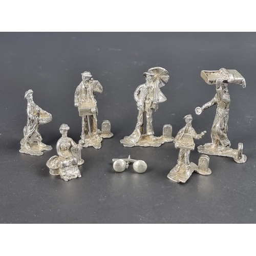 92 - A set of six cast silver 'Cries of London' menu holders, by Thomas Charles Jarvis, London 1992, 263g... 