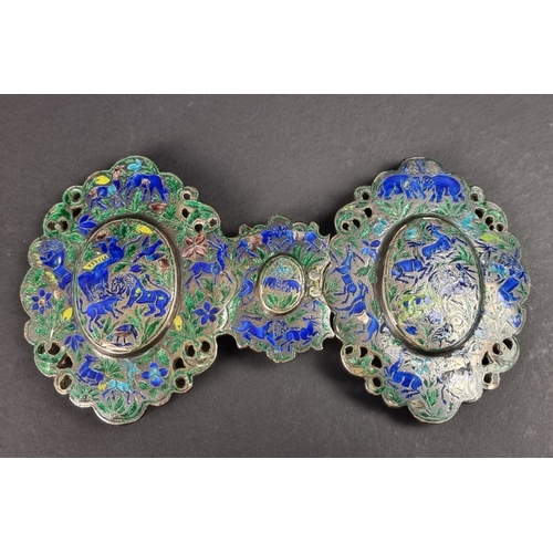 94 - A 19th century Indian Lucknow white metal and enamel belt buckle, 15cm wide.