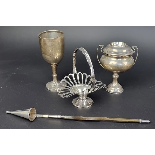 157 - Two silver trophy cups; together with a silver bonbon basket; and one other item, 252g. (4)... 