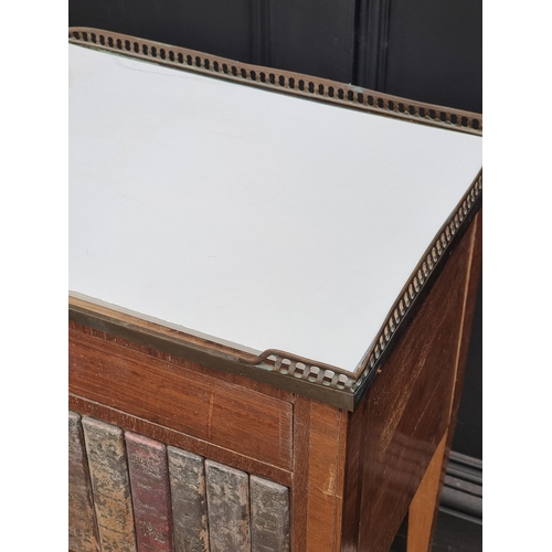 1033 - A pair of Louis XVI style mahogany bedside tables, with simulated book spine cupboard doors, 50cm wi... 