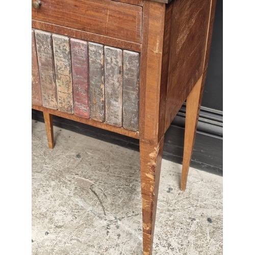 1033 - A pair of Louis XVI style mahogany bedside tables, with simulated book spine cupboard doors, 50cm wi... 