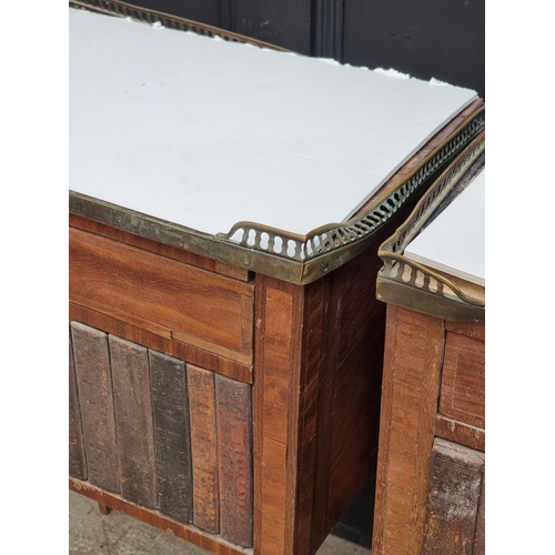 1033 - A pair of Louis XVI style mahogany bedside tables, with simulated book spine cupboard doors, 50cm wi... 