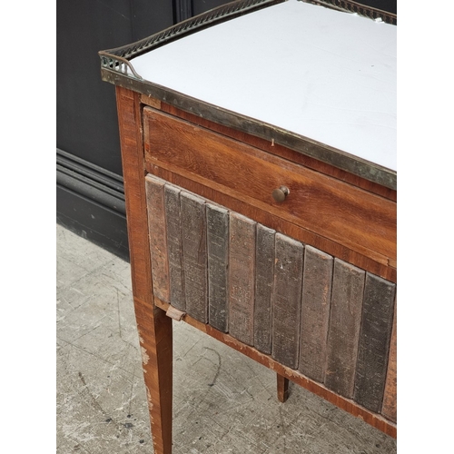 1033 - A pair of Louis XVI style mahogany bedside tables, with simulated book spine cupboard doors, 50cm wi... 