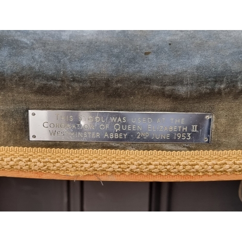 1047 - An Elizabeth II limed oak Coronation stool, with inscribed plaque, 46cm wide.