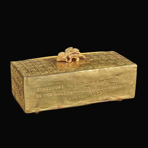 410 - (SJM) A rare Ashanti high carat gold rectangular box and cover, inscribed 'Presented To Sir John Max...