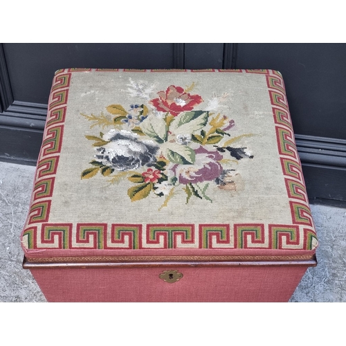 1021 - A Victorian mahogany and upholstered ottoman, the hinged top with beadwork decoration, 52cm wide, (l... 