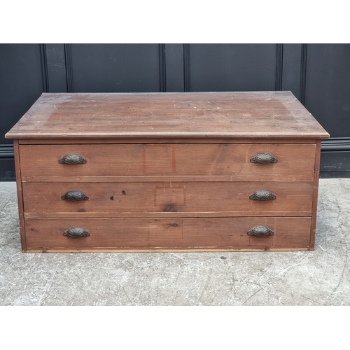 1014 - Two old plan chests, 123cm wide, (missing drawer front is now present). (2)