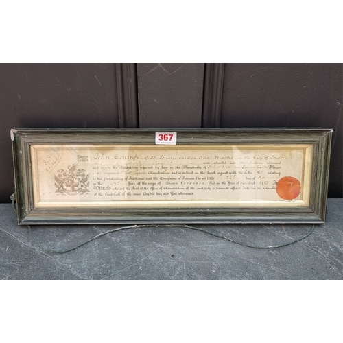 367 - A Victorian 'Freedom of The City of London' certificate, to John Crump, of 27 London Central Meat Ma... 