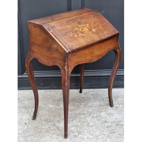 1044 - An 19th century Continental walnut and marquetry bureau de dame, 65.5cm wide.
