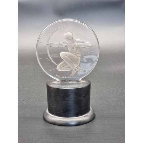8 - A Rene Lalique 'Archer' clear and frosted glass car mascot, signed, on associated ebonised wood base... 
