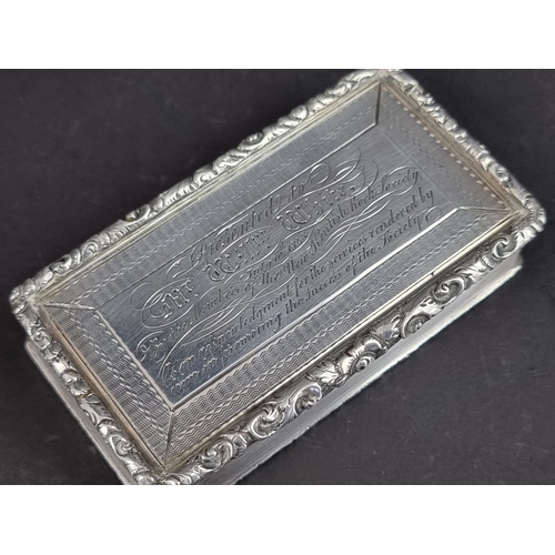 247 - A Victorian silver snuff box, by Francis Clark, Birmingham 1846, the lid engraved 'Presented to Mr W... 