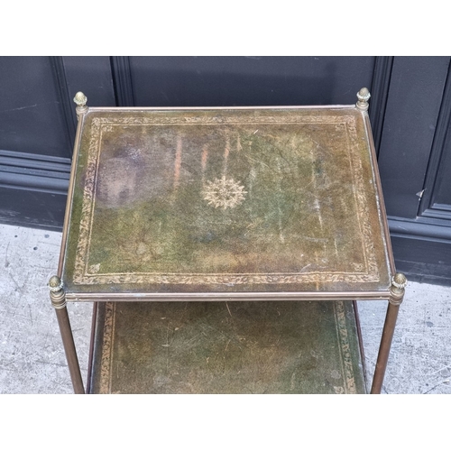 1011 - A vintage brass and gilt tooled green leather two-tier occasional table, 58cm high x 48cm wide.... 