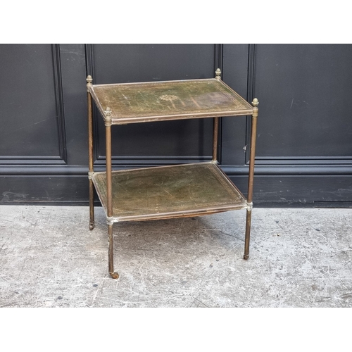 1011 - A vintage brass and gilt tooled green leather two-tier occasional table, 58cm high x 48cm wide.... 