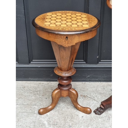 1022 - A Victorian walnut and inlaid chequerboard work table, 45.5cm wide; together with a William IV rosew... 