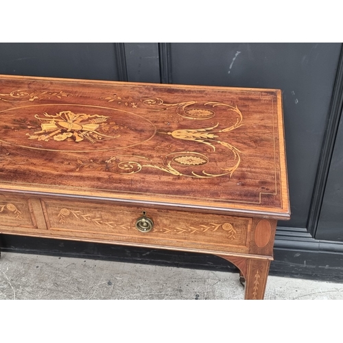 1026 - A good late Victorian mahogany and marquetry two drawer side table, 99cm wide.