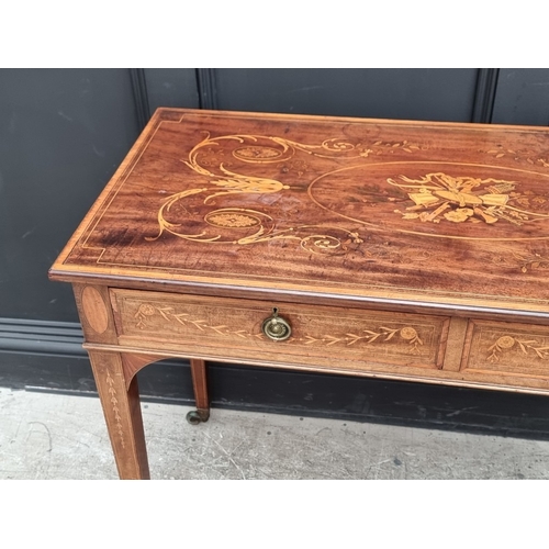 1026 - A good late Victorian mahogany and marquetry two drawer side table, 99cm wide.