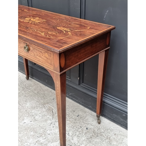 1026 - A good late Victorian mahogany and marquetry two drawer side table, 99cm wide.