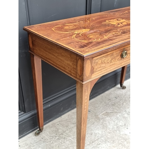 1026 - A good late Victorian mahogany and marquetry two drawer side table, 99cm wide.