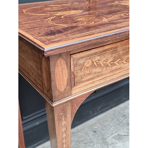 1026 - A good late Victorian mahogany and marquetry two drawer side table, 99cm wide.
