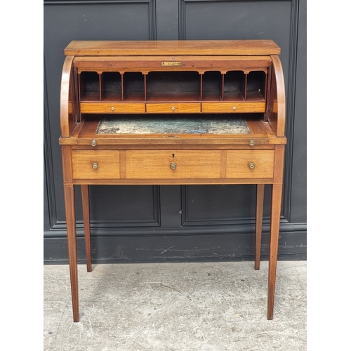 1048 - A late Victorian mahogany and line inlaid cylinder bureau, 81cm wide.