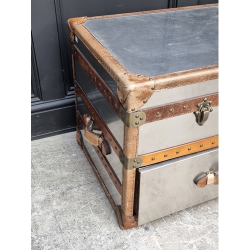 1078 - A reproduction polished aluminium and leather steamer trunk, from Feather & Black, 51cm high x 1... 