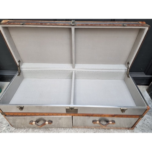 1078 - A reproduction polished aluminium and leather steamer trunk, from Feather & Black, 51cm high x 1... 