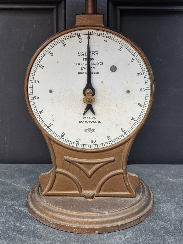 A set of vintage Salter Spring Balance No.50T 100lb scales, 46cm high x ...