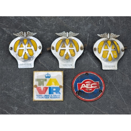 Automobilia: three AA car radiator badges; and three others. (6)