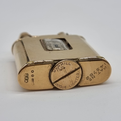 1605 - A rare Dunhill 'Unique' 9ct gold watch lighter, import mark 1926, with inscription to back 'To E.H.S... 