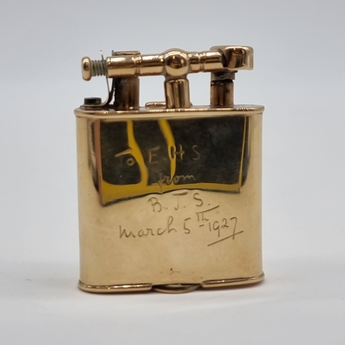 1605 - A rare Dunhill 'Unique' 9ct gold watch lighter, import mark 1926, with inscription to back 'To E.H.S... 