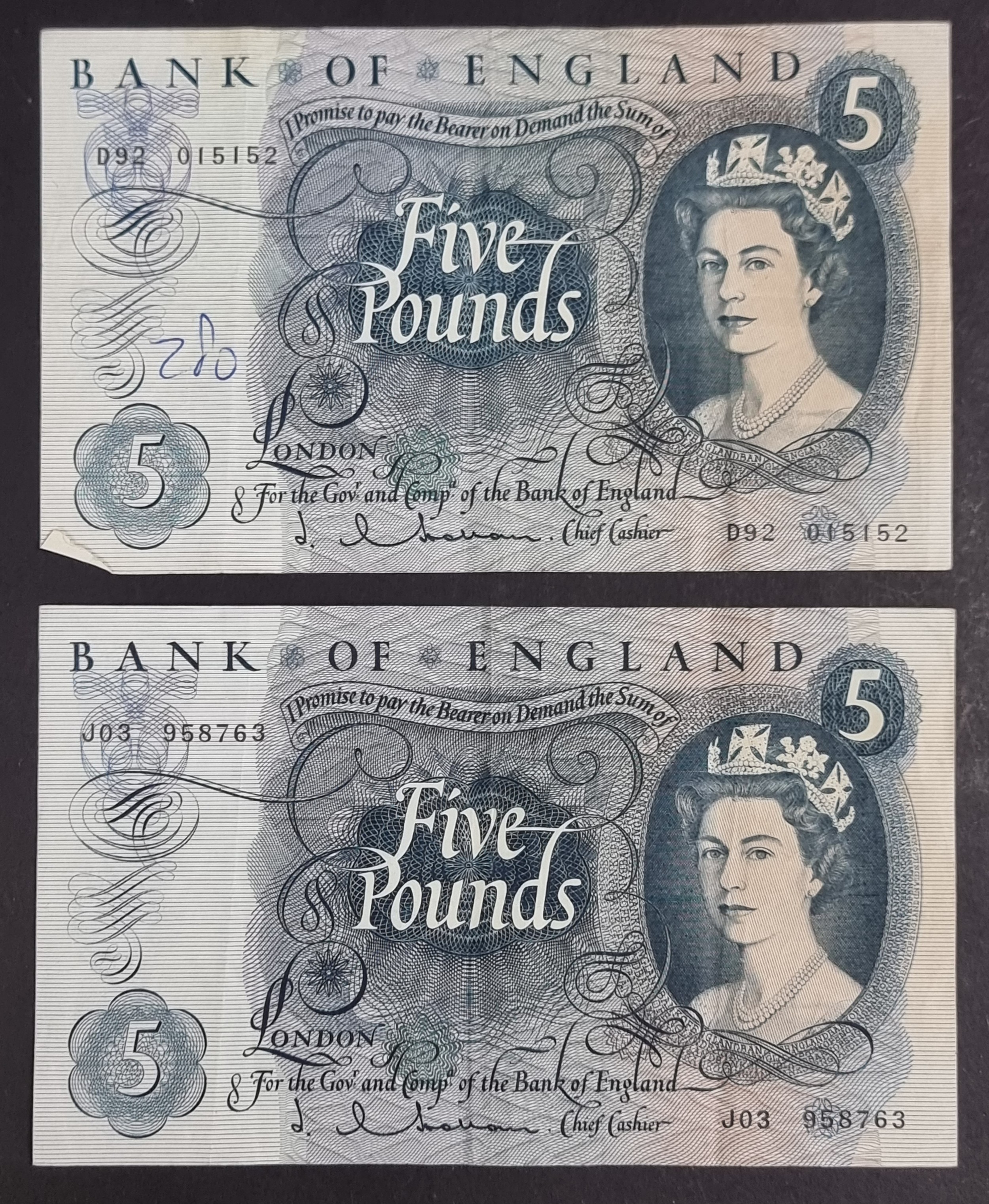 Banknotes: two five pound notes, 1967 and 1968.