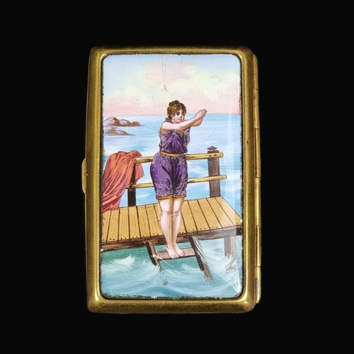 JOYCE, James (Irish, 1882-1941): an interesting enamel and brass cigarette case, the hinged top painted with a lady in an Edwardian bathing costume, the base inscribed 'James A Joyce, Happy Birthday, Love Nora, Feb, 2nd 1925', 9 x 6cm; together with a silver framed photograph of Nurse Elizabeth Williams and colleagues.