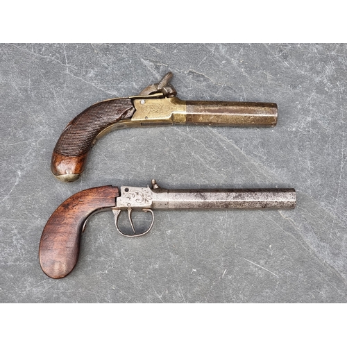 514 - Two antique percussion pocket pistols, with 10.5cm and 7.5cm octagonal barrels, (a.f.). (2)No licens... 