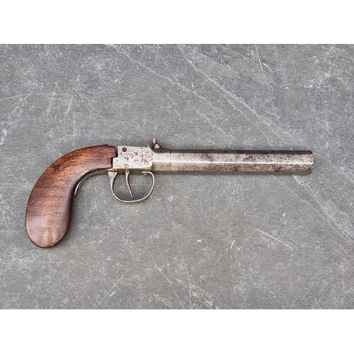 514 - Two antique percussion pocket pistols, with 10.5cm and 7.5cm octagonal barrels, (a.f.). (2)No licens... 