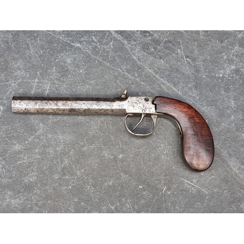 514 - Two antique percussion pocket pistols, with 10.5cm and 7.5cm octagonal barrels, (a.f.). (2)No licens... 