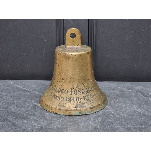1218 - A bronze ship's bell, inscribed 'Marco Foscarini, Anno 1940 - XVIII E.F.', 25cm high x 23.5cm diamet... 