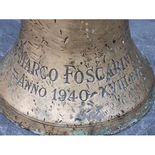 1218 - A bronze ship's bell, inscribed 'Marco Foscarini, Anno 1940 - XVIII E.F.', 25cm high x 23.5cm diamet... 