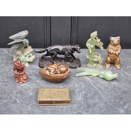 1219 - A mixed lot, to include: a cast iron hound, 21cm long; a Japanese carved wood figure, 10cm high; Chi... 