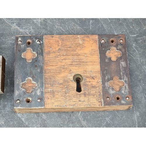 1223 - Four antique locks; together with a collection of antique steel keys.