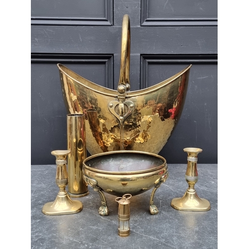 1226 - An Art Nouveau brass swing handled coal scuttle; together with other brassware.