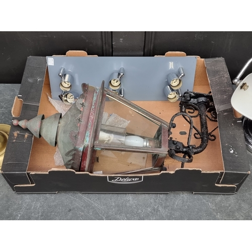 1230 - A patinated brass wall lantern, approx 57cm high; together with three other lamps. (4)... 