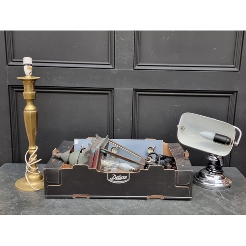 1230 - A patinated brass wall lantern, approx 57cm high; together with three other lamps. (4)... 