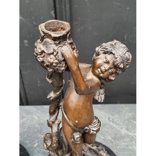 1355 - A pair of Art Nouveau style bronze figural candlesticks, indistinctly signed, on marble bases, 31cm ... 