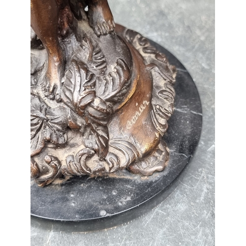 1355 - A pair of Art Nouveau style bronze figural candlesticks, indistinctly signed, on marble bases, 31cm ... 