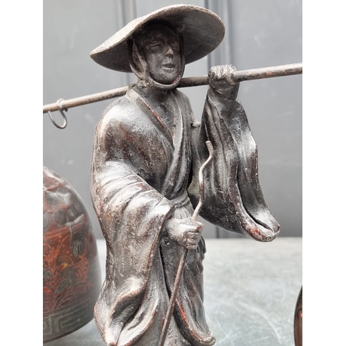 1358 - A Japanese spelter, bronze and inlaid figural combined bell and table gong, 22cm high.... 