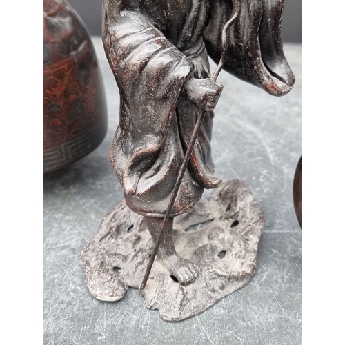 1358 - A Japanese spelter, bronze and inlaid figural combined bell and table gong, 22cm high.... 