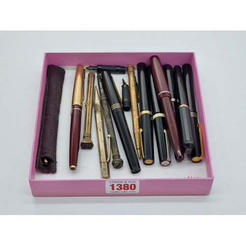1380 - A Parker 65 fountain pen, with 18k gold nib; together with a Mordan silver propelling pencil; and ot... 